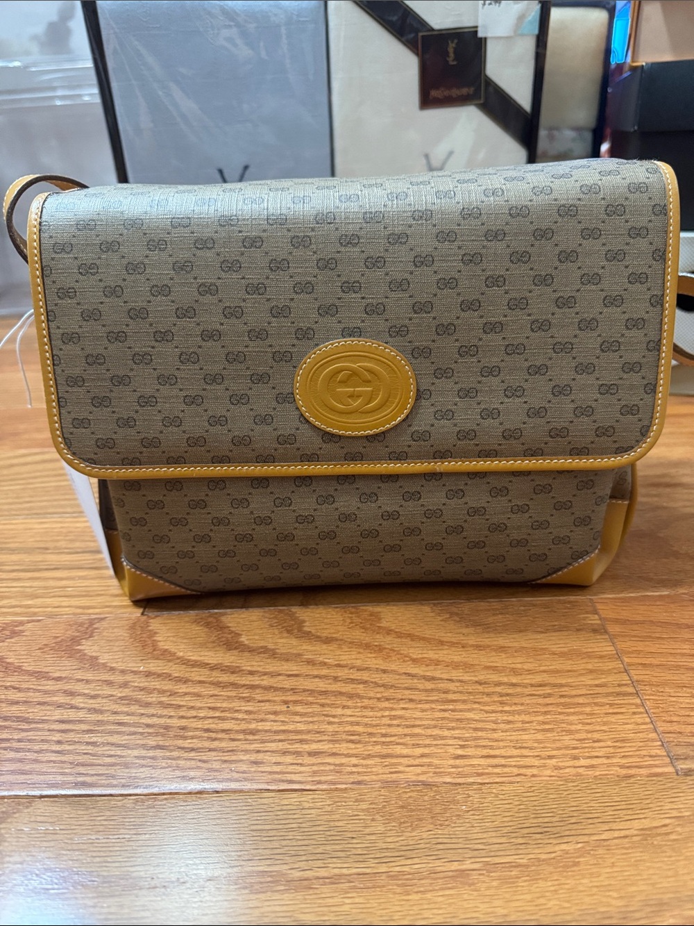 Gucci Beige Monogram Crossbody with Mustard Yellow Trim